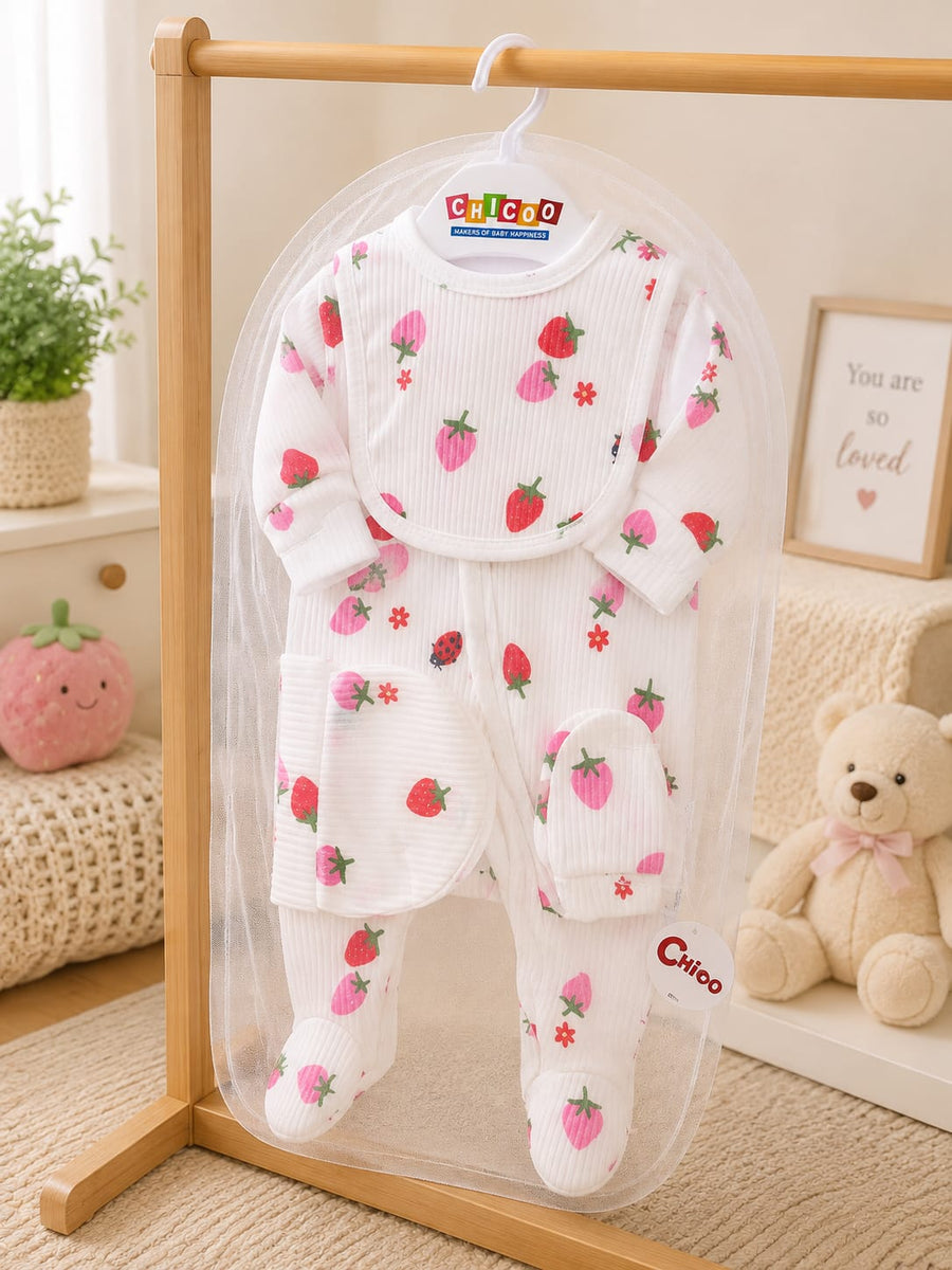 6-Piece Newborn Baby Starter Set | White Ribbed Strawberry Print