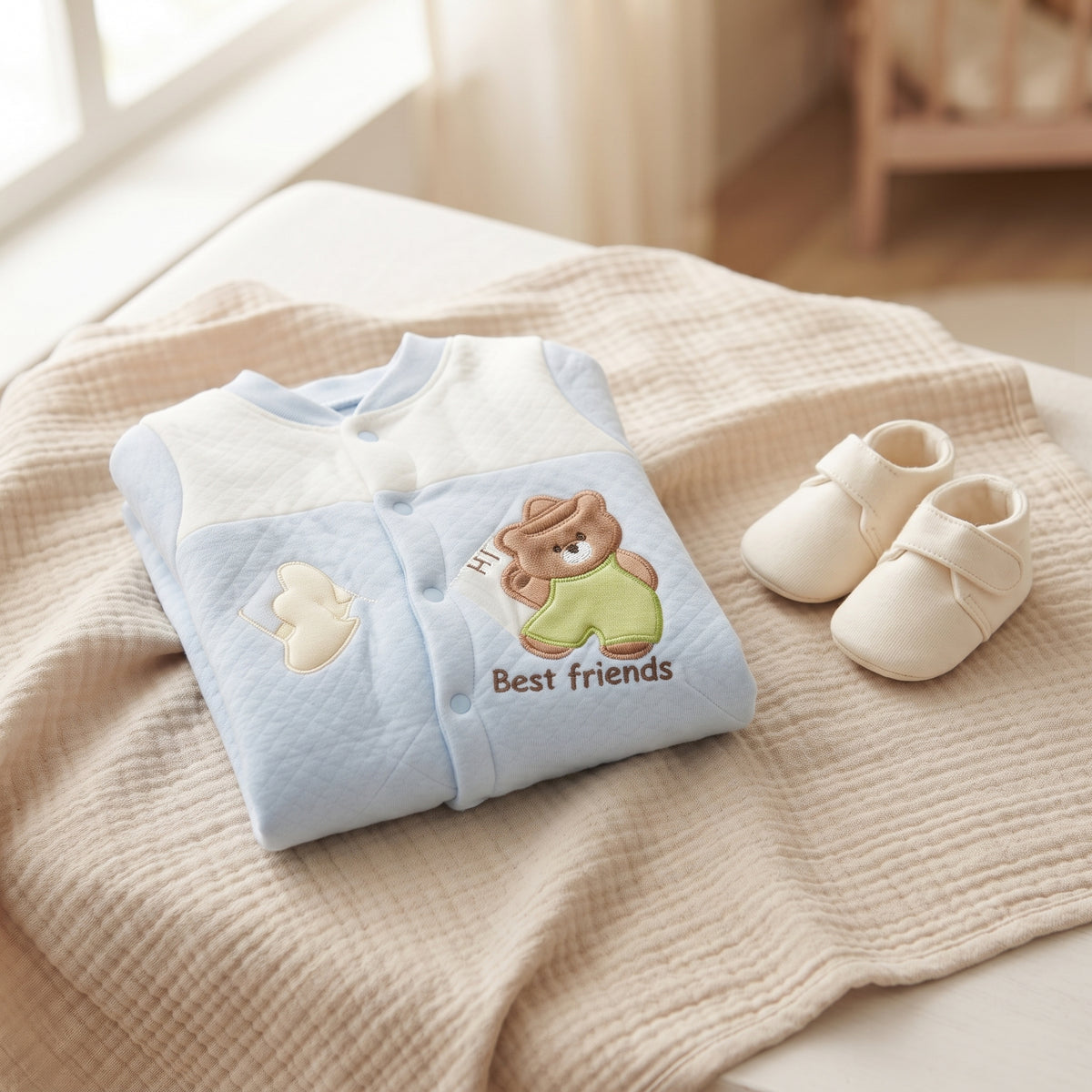 Baby Quilted Romper - Blue Best Friends Bear - 0-1 Year