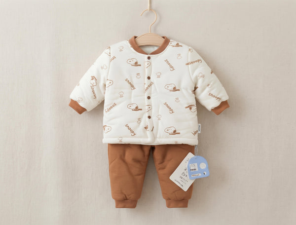 Baby Quilted Jacket & Pants Set - Brown Puppy Print