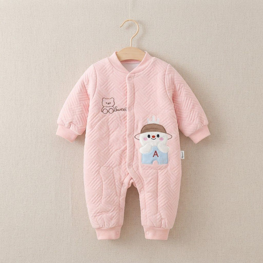 Cute Pink Quilted Baby Romper – Bear & Crown Design | 0–1 Year