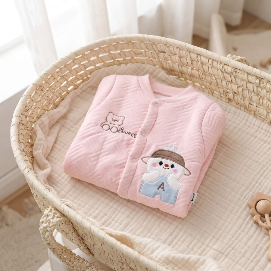 Cute Pink Quilted Baby Romper – Bear & Crown Design | 0–1 Year